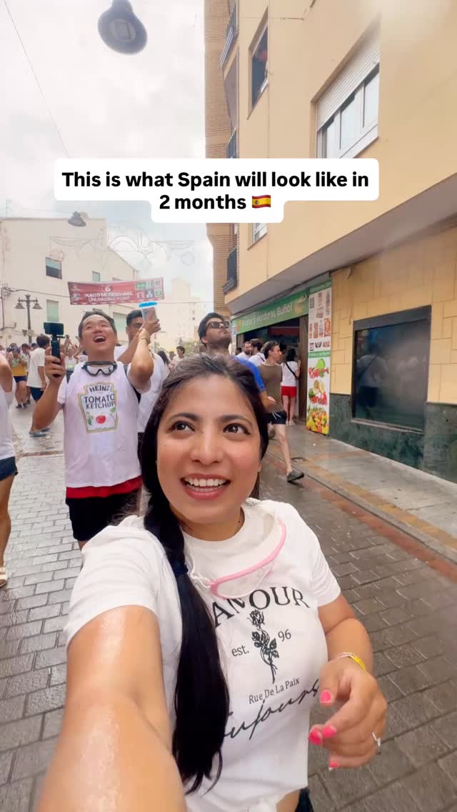 Somewhere in Spain will look like this in 2 months 🇪🇸 

🎉 LA TOMATINA 2026 - IT’S BACK! 🍅

This is the world’s messiest and most iconic food fight - happens every August in Buñol, Spain, and it’s pure chaos (in the best way). 🤪
🥫 The tomato fight lasts for 1 hour
🎉 Live music, street parties, and a LOT of tomatoes
📍Location: Buñol, near Valencia, Spain
📅 Date: August 26, 2026 (last Wednesday of August)

🎟️ Tickets: You must buy tickets in advance. You can buy the tickets from @latomatinaoficial website.

⚠️ WHAT YOU NEED TO KNOW:
👟 Wear clothes you don’t mind ruining
🥽 Goggles are your best friend (trust me)
🚿 There are public showers but expect long queues but there is a river near by so u can get cleaned up there. 
🎒 Lockers and bag drop options available with some ticket packages

Is La Tomatina on your list?

#LaTomatina #latomatina2026 #spainbucketlist #summerfestivals #uniquetravel znmd indiantravelblogger valenciaspain fiestadetomates visitspain travelbucketlist bucketlistactivities 

[ Spain | Barcelona | Tomatina festival | zindagi na milegi dobara | Valencia | Buñol | London travel blogger, Bucket list activities ]