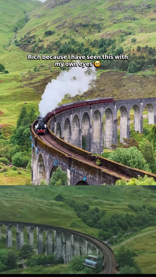 Rich because I have seen this with my own eyes 🥹

The Glenfinnan Viaduct is the real-life “Hogwarts Express” bridge - this 21-arch stone viaduct featured in Chamber of Secrets, Prisoner of Azkaban, Goblet of Fire, and Half-Blood Prince.

🚂 Train times:

- Runs 1 June - 23 October (morning service, daily)
🕰️: approx. 10:45–10:55am
- Afternoon service added 10 June - 25 September
🕰️ : approx. 3:15pm

Best viewpoint is a 20-minute hike up from the main car park - arrive at least an hour early, as parking fills up fast in summer. 

Watching from the viewpoint is completely free; riding the train itself needs tickets booked months ahead for July/August.

💚 Save this for your Scotland itinerary.

#GlenfinnanViaduct #HarryPotter #HogwartsExpress #ScotlandTravel #ukbucketlist