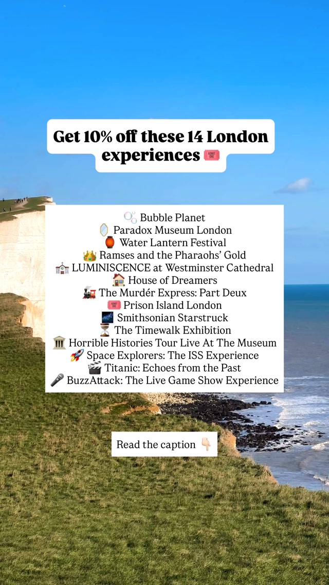 Planning things to do in London this September? 👀

🎟️ Use code SPIRALFLY10 for 10% off these experiences.

Here are 14 London experiences to add to your plans:

🫧 Bubble Planet
🪞 Paradox Museum London
👑 Ramses and the Pharaohs’ Gold
⛪ LUMINISCENCE at Westminster Cathedral
🏠 House of Dreamers
🚂 The Murdér Express: Part Deux
🎟️ Prison Island London
🌌 Smithsonian Starstruck
⏳ The Timewalk Exhibition
🏛️ Horrible Histories Tour Live at the Museum
🚀 Space Explorers: The ISS Experience
🎬 Titanic: Echoes from the Past
🎤 BuzzAttack: The Live Game Show Experience
🏮 Water Lantern Festival

The 10% discount is available until 1 October.

💬 Comment “LINK” and I’ll send you the booking link.

Save this for your next London day out and follow for more London finds, experiences and deals 👀

#LondonThingsToDo #LondonExperiences #LondonEvents #LondonSeptember #LondonTravel

things to do in London September, London experiences, London events 2026, things to do in London, London attractions, London activities, London day out, unusual things to do in London, London experiences discount, London deals