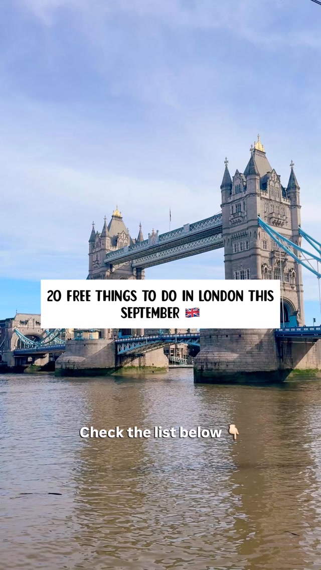 20 FREE THINGS TO DO IN LONDON THIS SEPTEMBER 🇬🇧

Save this for your September plans 👇

1. 🎭 Greenwich + Docklands Festival
  1-6 Sep | Greenwich & East London
  Free theatre, circus, dance & performances.
2. 🎨 Backyard Biennial
  Until 6 Sep | East London
  Free exhibitions, screenings & performances.
3. 🎶 Denmark Street Sessions
  5 Sep | Denmark Street
  Free live music all day.
4. 🖤 Black On The Square
  5 Sep | Trafalgar Square
  Free celebration of Black culture, music & art.
5. 🪦 Brompton Cemetery Open Day
  6 Sep | Brompton Cemetery
  Free tours, activities & access.
6. 🎨 Wildlife Artist of the Year
  8-12 Sep | Mall Galleries
  Free wildlife art exhibition.
7. 🏛️ Heritage Open Days
  11-20 Sep | Various locations
  Explore historic places for free.
8. 🏠 Open House Festival
  12-20 Sep | Across London
  Visit fascinating buildings for free.
9. 🎨 London Design Festival
  12-20 Sep | Across London
  Free installations & design events.
10. 🚤 Classic Boat Festival
  12-13 Sep | St Katharine Docks
  See historic boats on the Thames.
11. 🚣 Great River Race
  12 Sep | River Thames
  Watch hundreds of rowers race along the Thames.
12. 🎬 Streatham Free Film Festival
  1-20 Sep | Streatham
  Free films & events.
13. 🎬 Peckham & Nunhead Film Festival
  4-13 Sep | Peckham
  Free screenings & events.
14. 🌊 Totally Thames
  Throughout September | River Thames
  Free riverside events & activities.
15. 🏳️‍🌈 Big Gay Beaver Day
  19 Sep | London
  Free performances & community events.
16. 🍛 Brick Lane Curry Festival
  20 Sep | Brick Lane
  Free food, culture, music & entertainment.
17. 🚲 London Cycling Festival
  20 Sep | London
  Free cycling events & activities.
18. 🧥 The Burberry Trench
  From 21 Sep | V&A
  Free exhibition exploring the iconic trench coat.
19. 🎪 Bell Square: France
  24-27 Sep | Hounslow
  Free circus, dance & music.
20. 🐑 London Bridge Sheep Drive
  27 Sep | London Bridge
  Watch sheep cross the Thames!

📌 Save this for your September plans.

Which one are you going to?